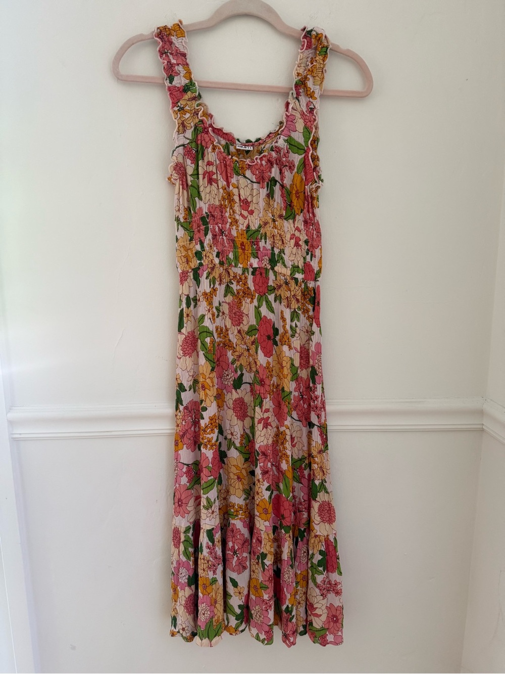 Bila77 Retro Floral Smocked Waist Boho Midi Dress